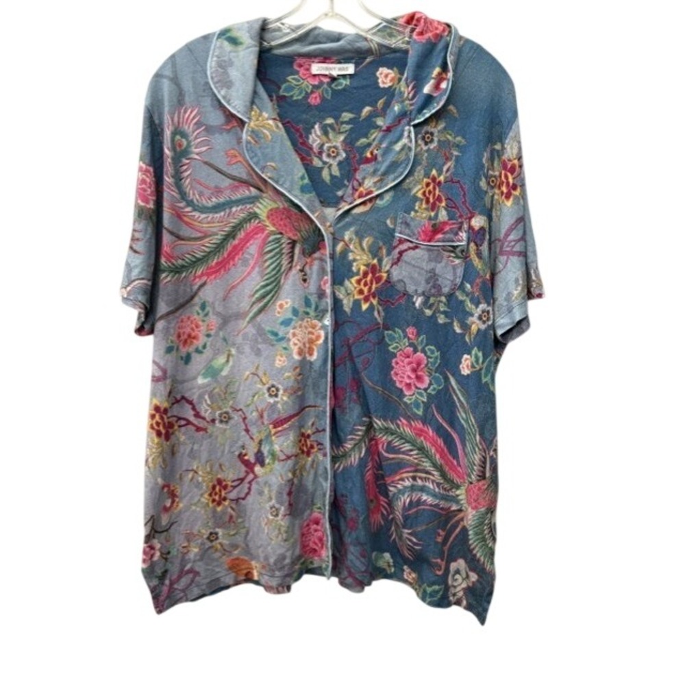 Johnny Was Womens Floral Phoenix Pajama Top Blue Pink Short Sleeve Size Large